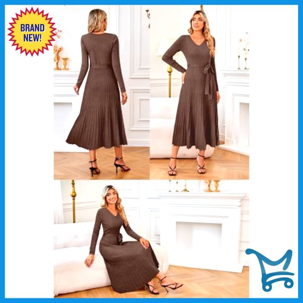Wool Blend Tie Waist Pleated Sweater Dress V Neck Long Sleeve Elegant - Picture 2 of 7